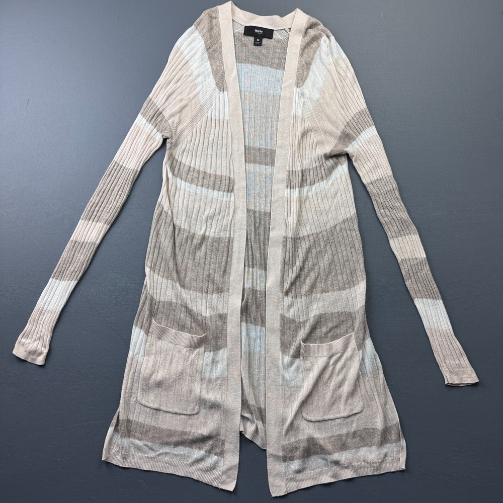 Mossimo Cardigan Women's M Beige Open Front Knit Long Sleeve Striped Duster